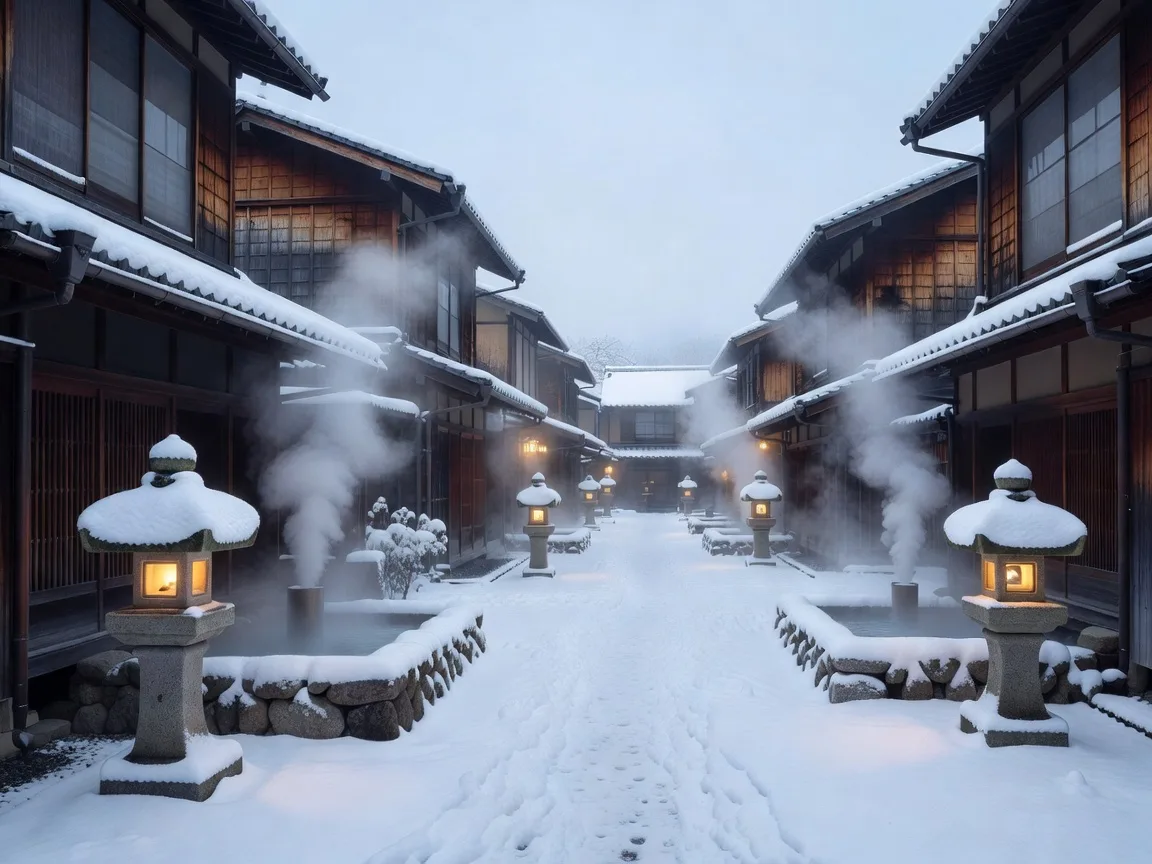 雪の温泉と湯気