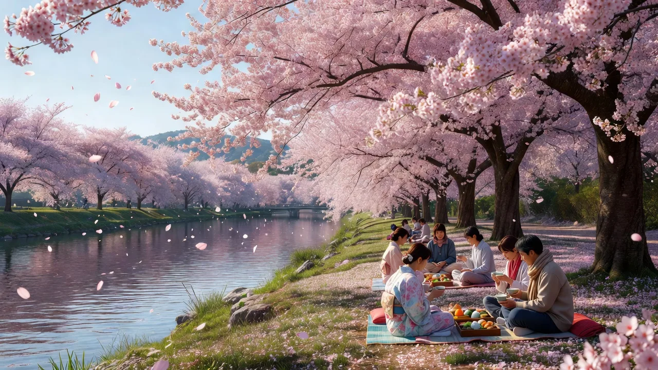 桜の川辺と花見